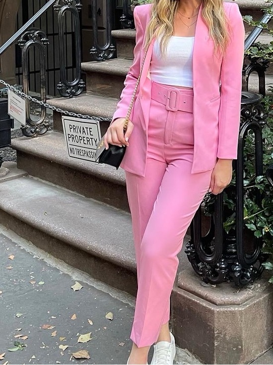Zara Pants - Pink Zara Belted Women's Jumpsuit and Blazer Set